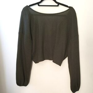 Dark Olive Green Drop Shoulder Reversible Cropped Twist Sweater